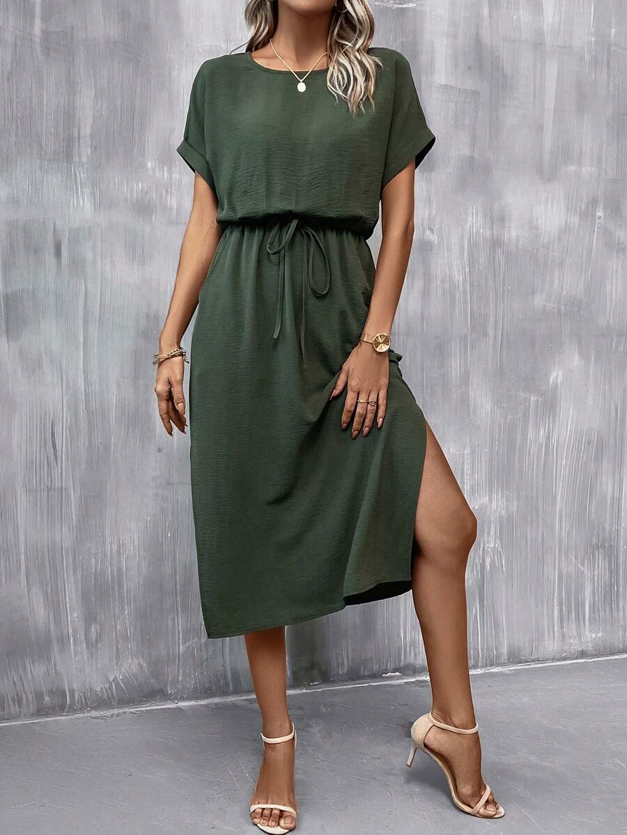 Vestido Sofia Casual Midi Manga Morcego com Fenda