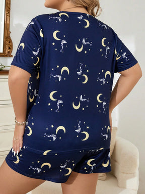 Pijama Feminino Plus Size Azul Marinho com Estampa de Luas e Estrelas – Conforto e Estilo Nelima Moda (G1 ao G5)
