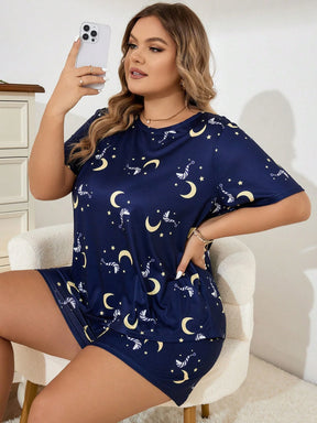 Pijama Feminino Plus Size Azul Marinho com Estampa de Luas e Estrelas – Conforto e Estilo Nelima Moda (G1 ao G5)