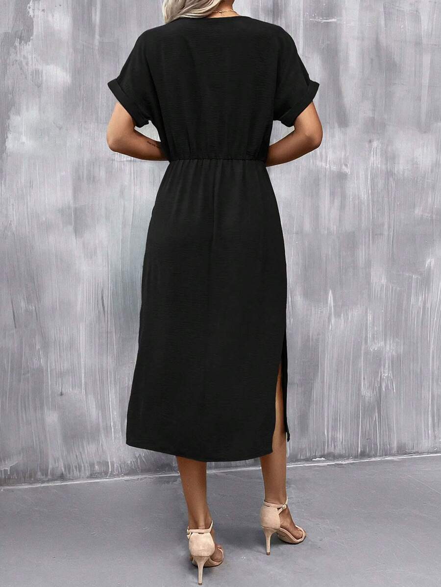 Vestido Sofia Casual Midi Manga Morcego com Fenda