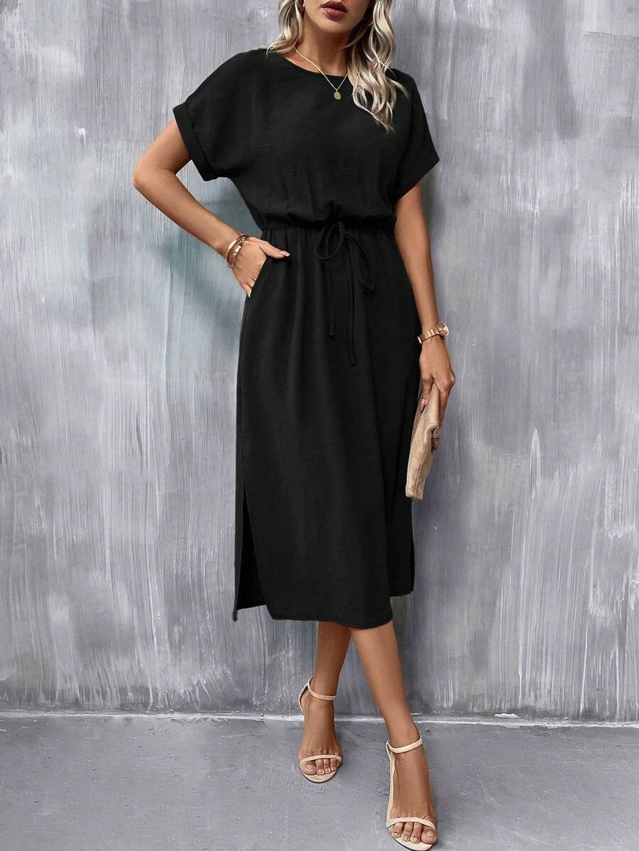 Vestido Sofia Casual Midi Manga Morcego com Fenda