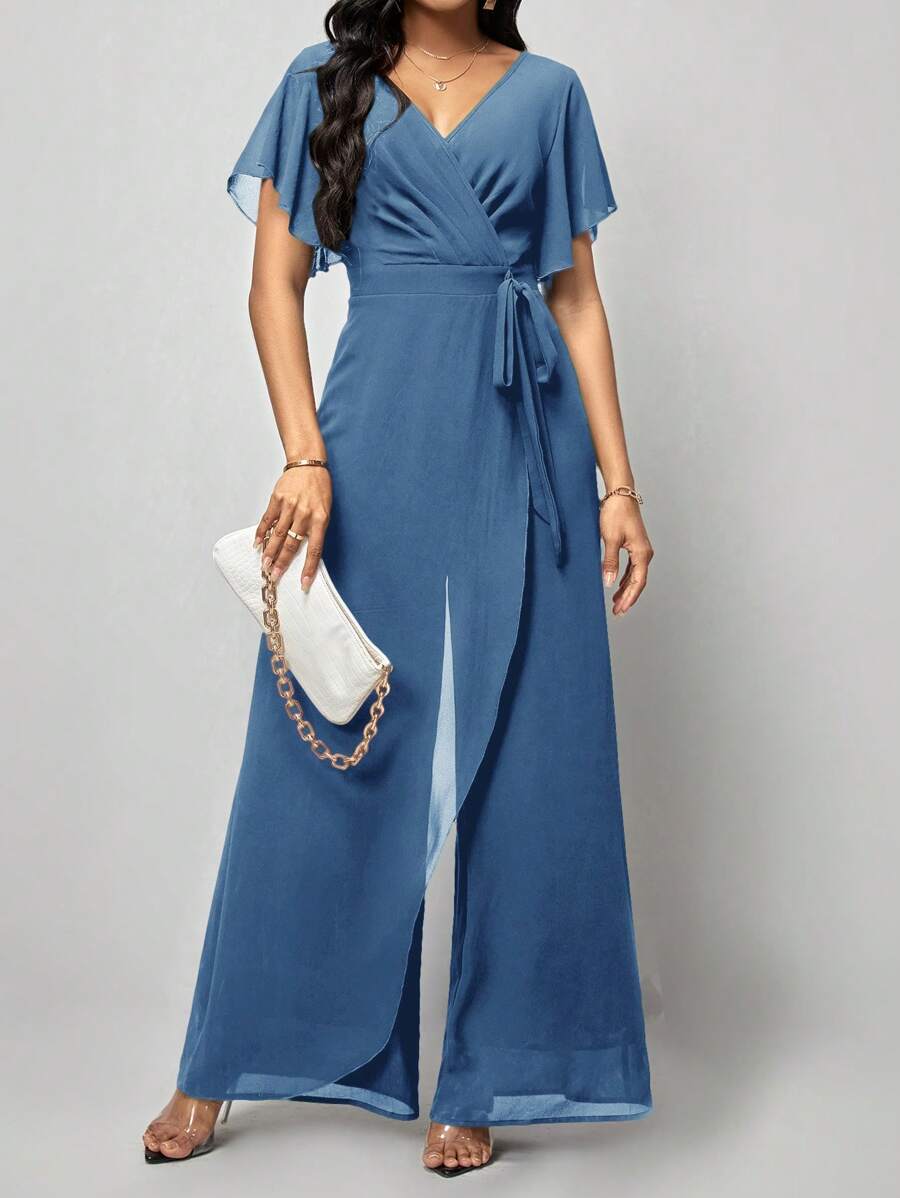 Macacão Aurora Elegante Longo Decote V com Amarração