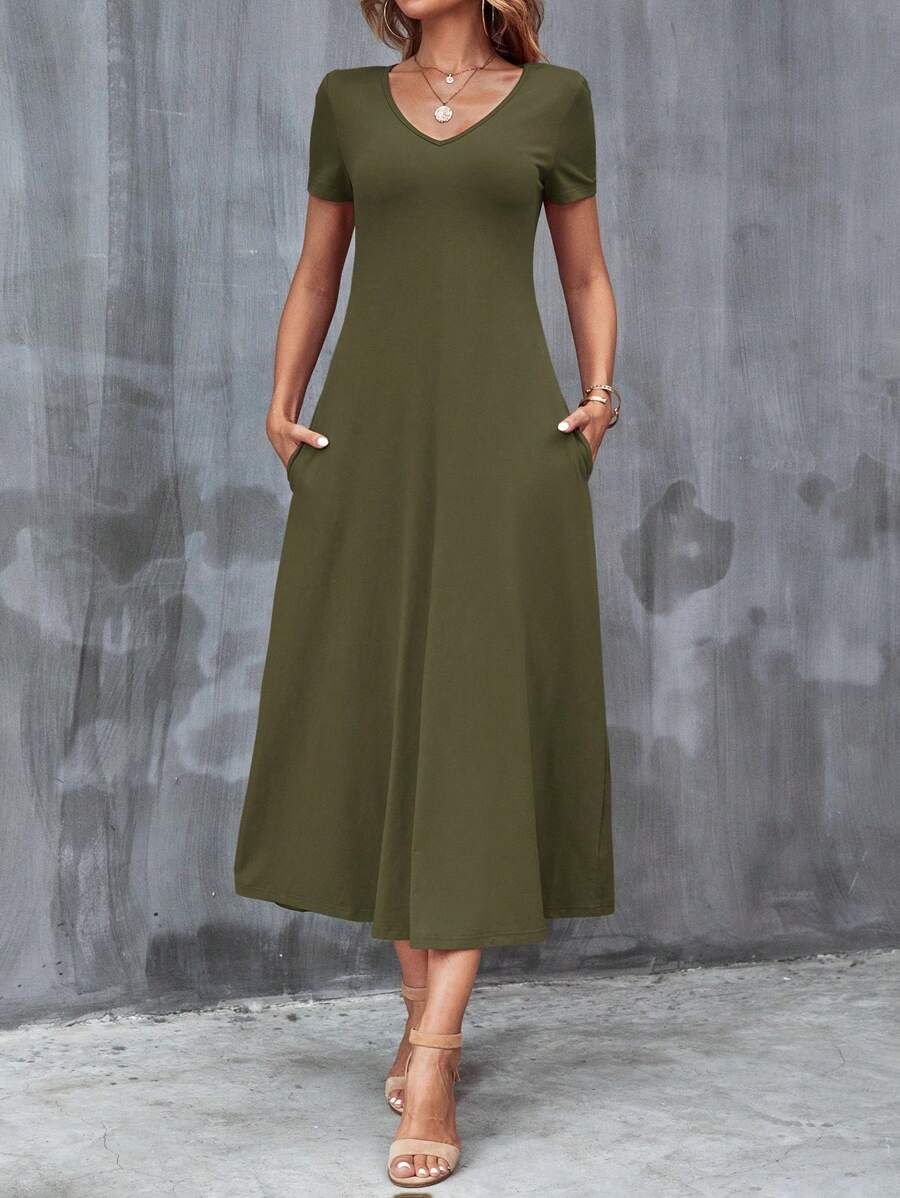 Vestido Laura Casual Midi Decote V Manga Curta