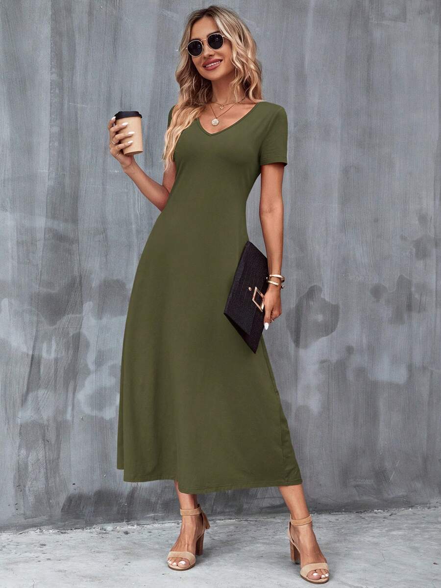 Vestido Laura Casual Midi Decote V Manga Curta