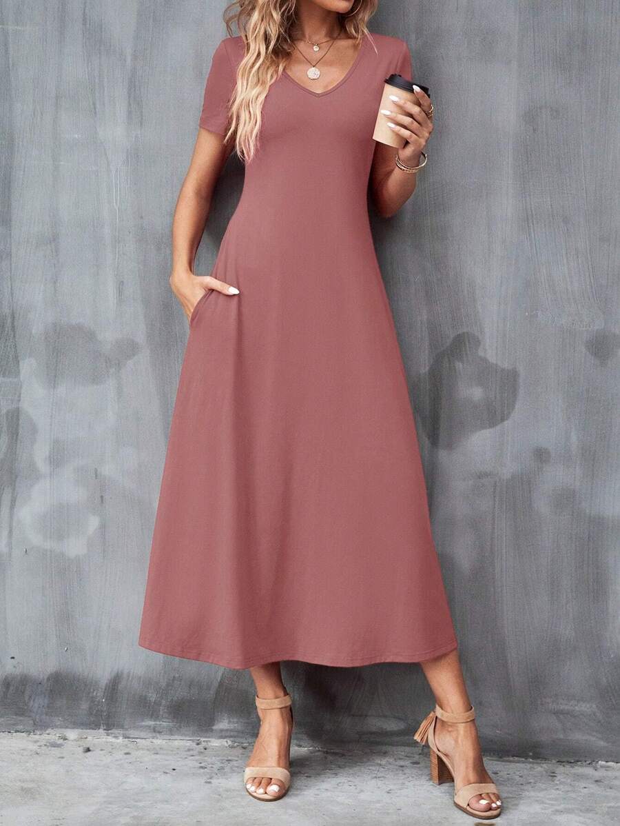 Vestido Laura Casual Midi Decote V Manga Curta