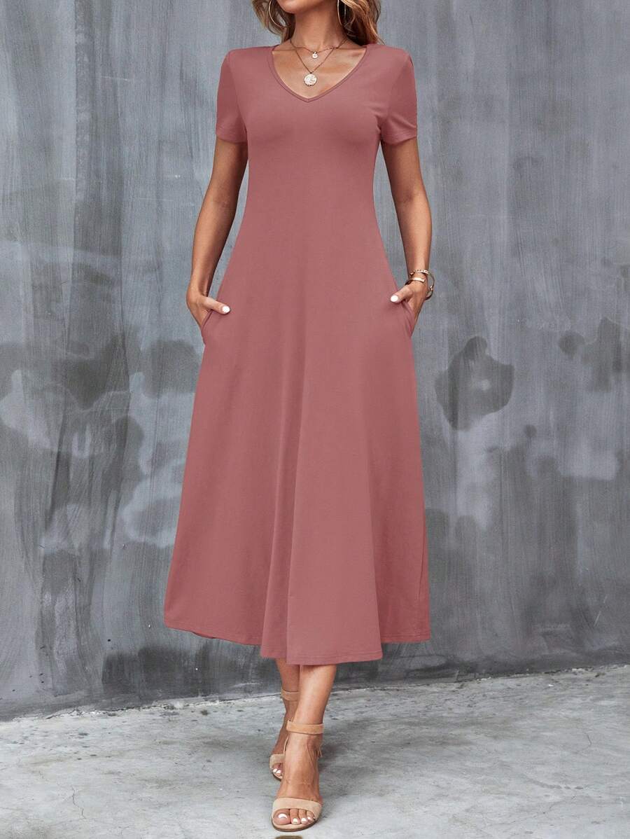 Vestido Laura Casual Midi Decote V Manga Curta