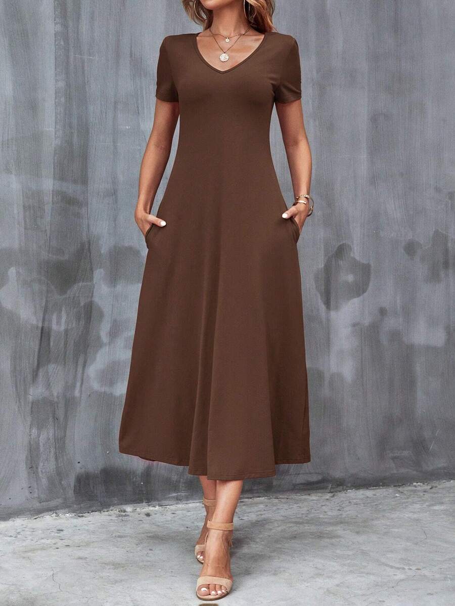 Vestido Laura Casual Midi Decote V Manga Curta