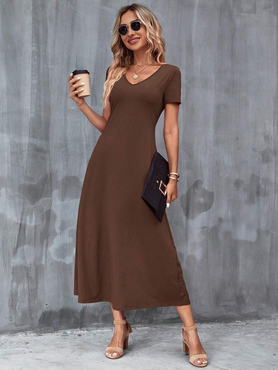 Vestido Laura Casual Midi Decote V Manga Curta