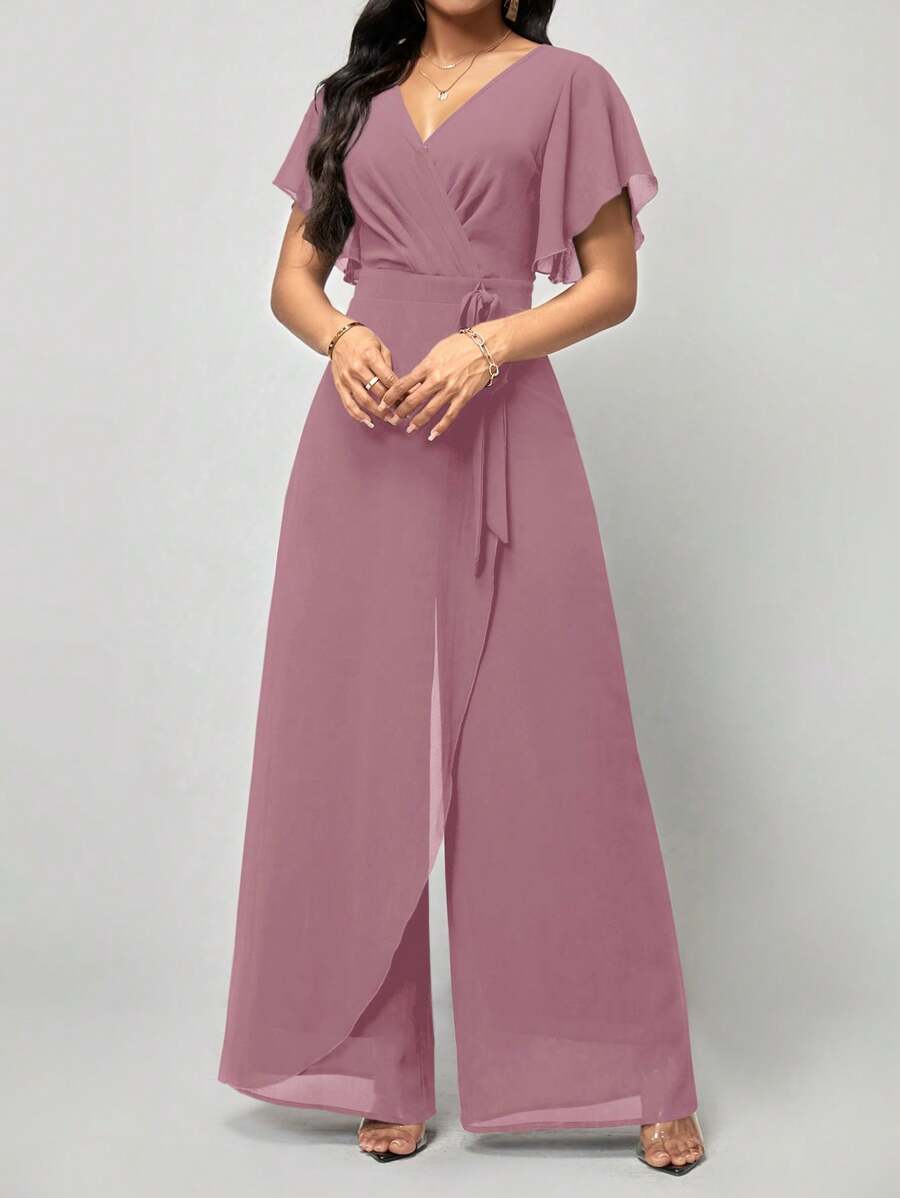 Macacão Aurora Elegante Longo Decote V com Amarração