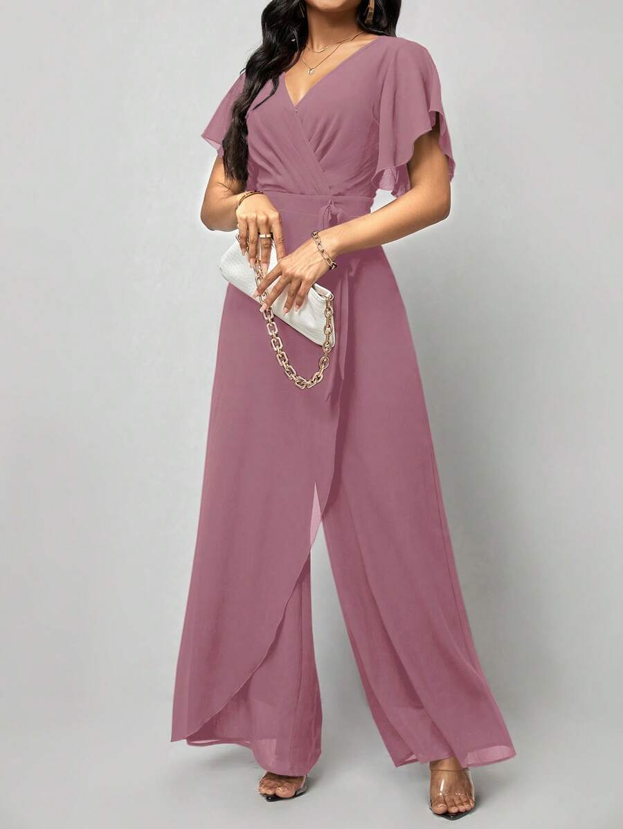 Macacão Aurora Elegante Longo Decote V com Amarração