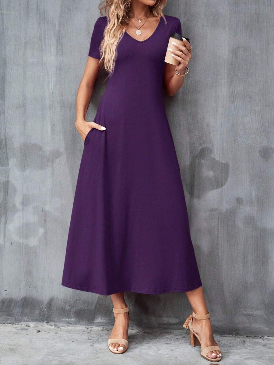 Vestido Laura Casual Midi Decote V Manga Curta