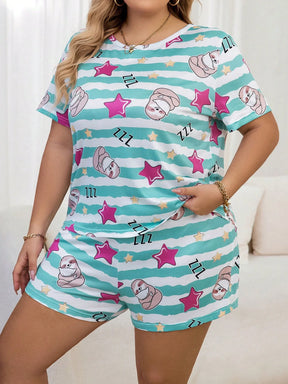 Pijama Feminino Plus Size Estampado com Preguiça e Estrelas – Conforto e Estilo Nelima (G1 ao G5)