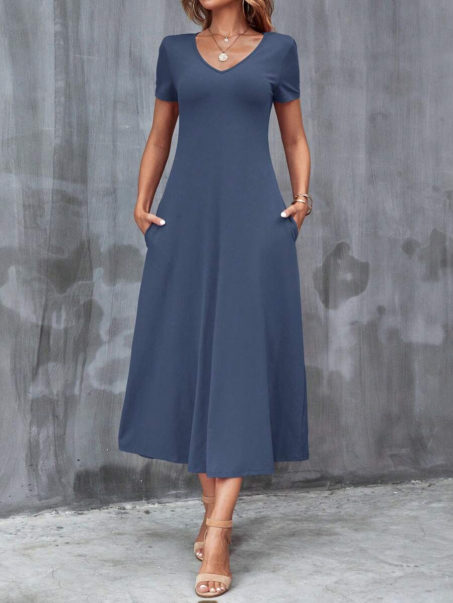 Vestido Laura Casual Midi Decote V Manga Curta