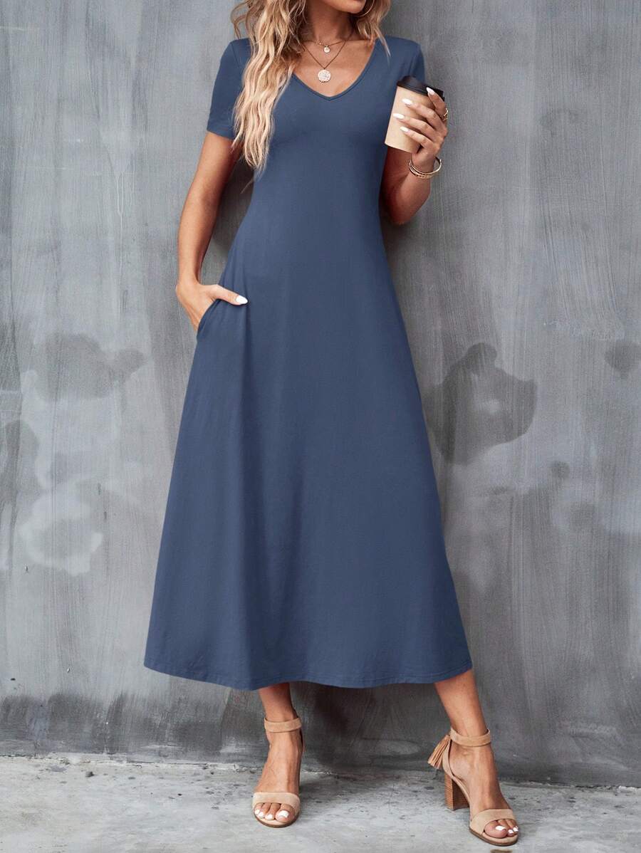 Vestido Laura Casual Midi Decote V Manga Curta