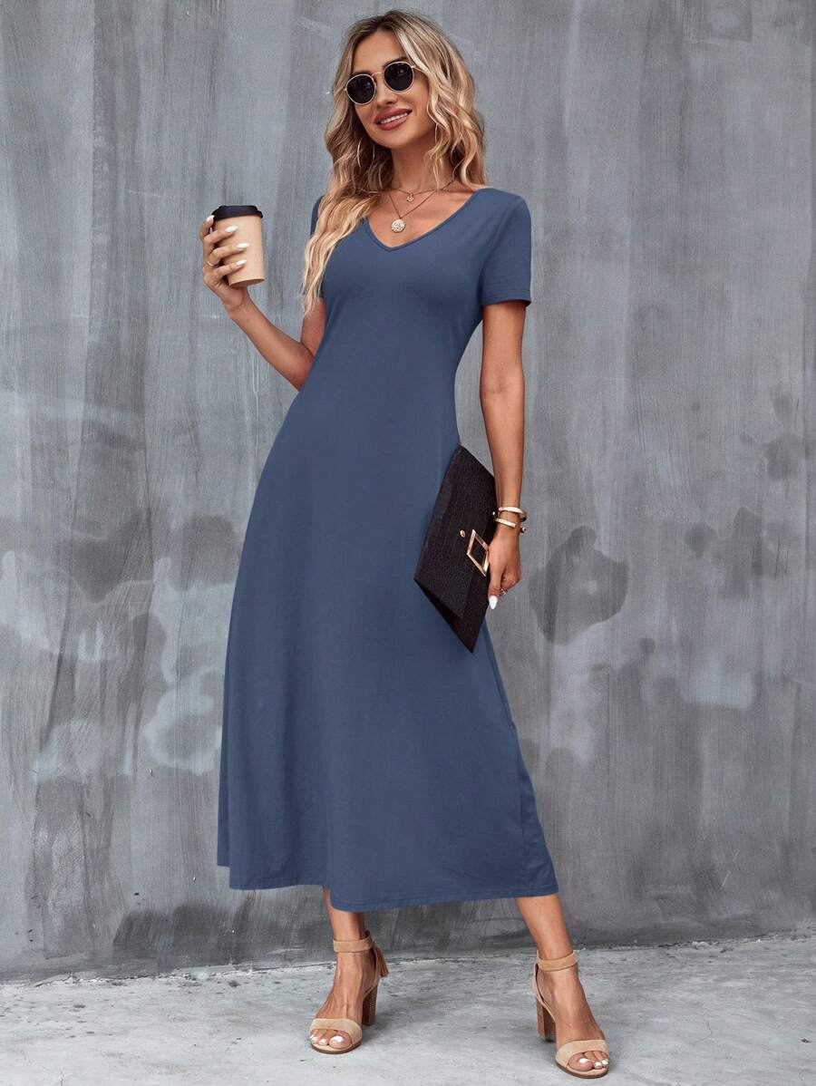 Vestido Laura Casual Midi Decote V Manga Curta