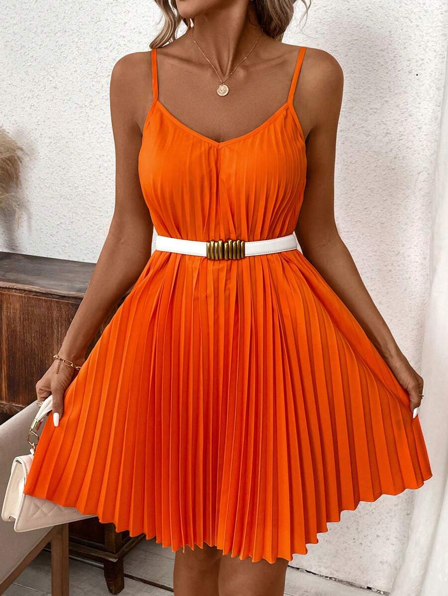 Vestido Coral Primavera Curto Plissado Alças Finas