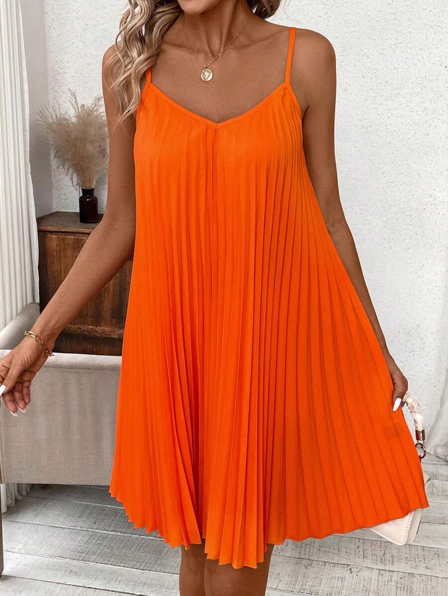 Vestido Coral Primavera Curto Plissado Alças Finas