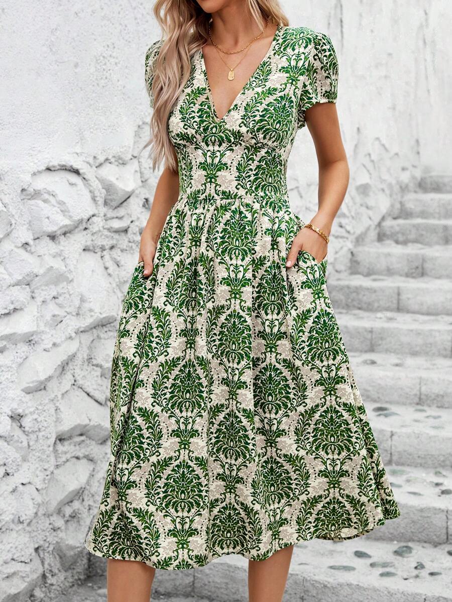 Vestido Clara Boho Midi Decote V Retrô
