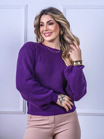 Blusa de Tricô Feminina Canelada com Gola Canoa