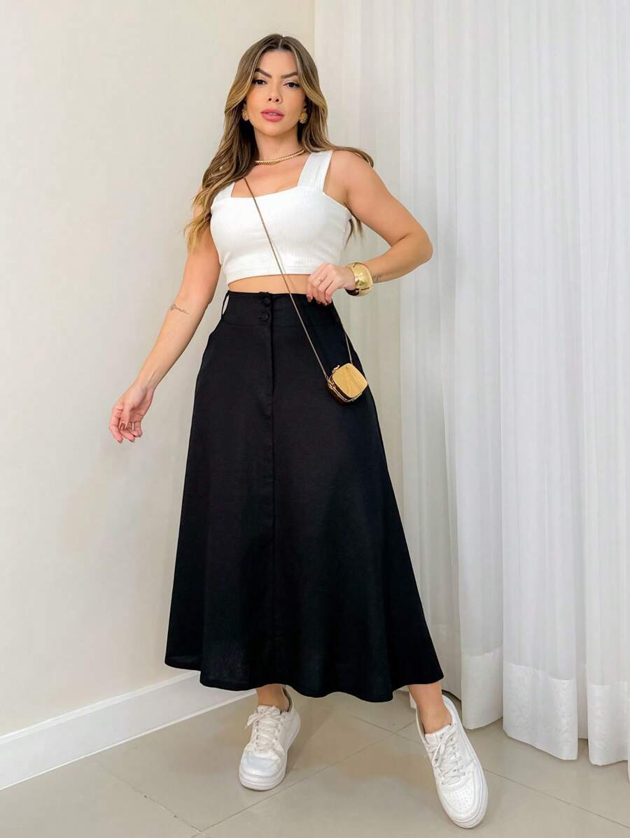 Saia Midi Emili Godê Tricolina Elegante