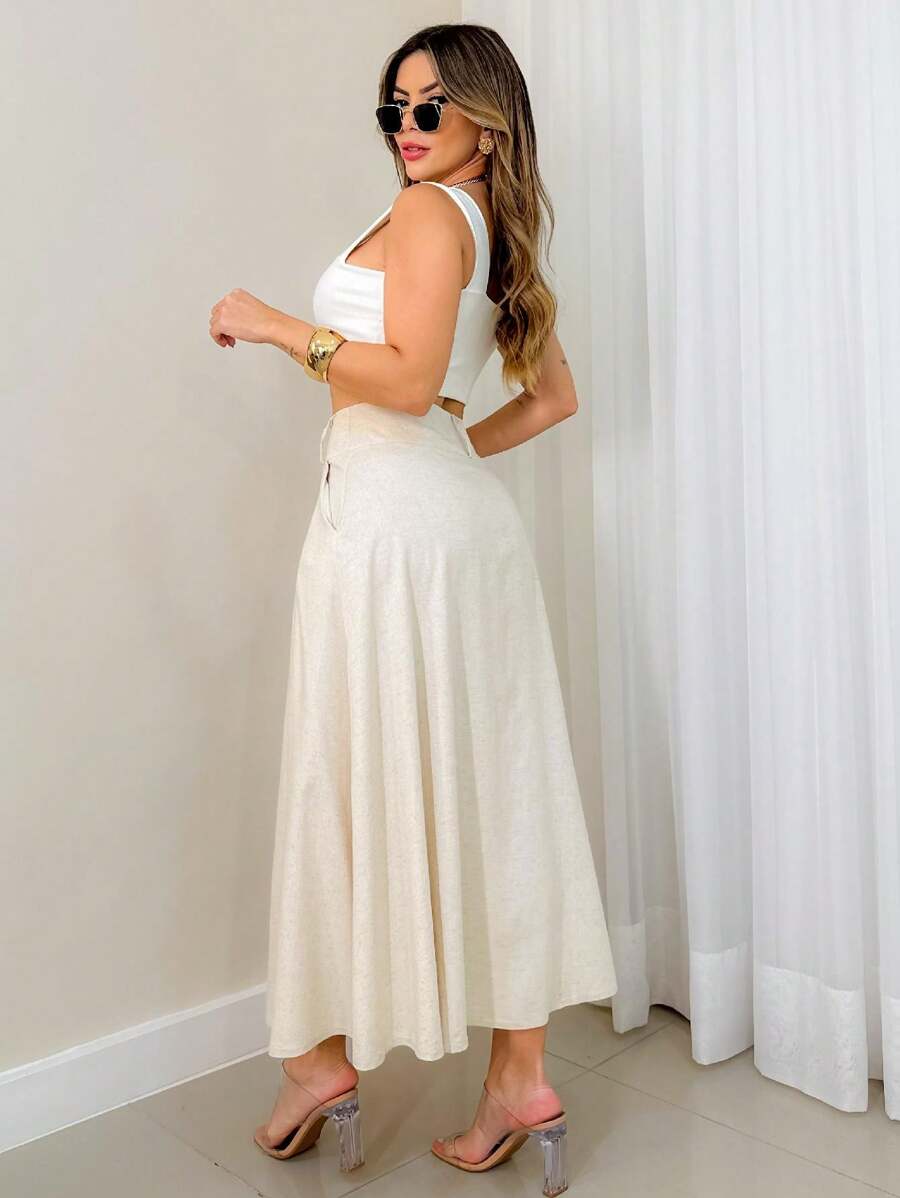 Saia Midi Emili Godê Tricolina Elegante