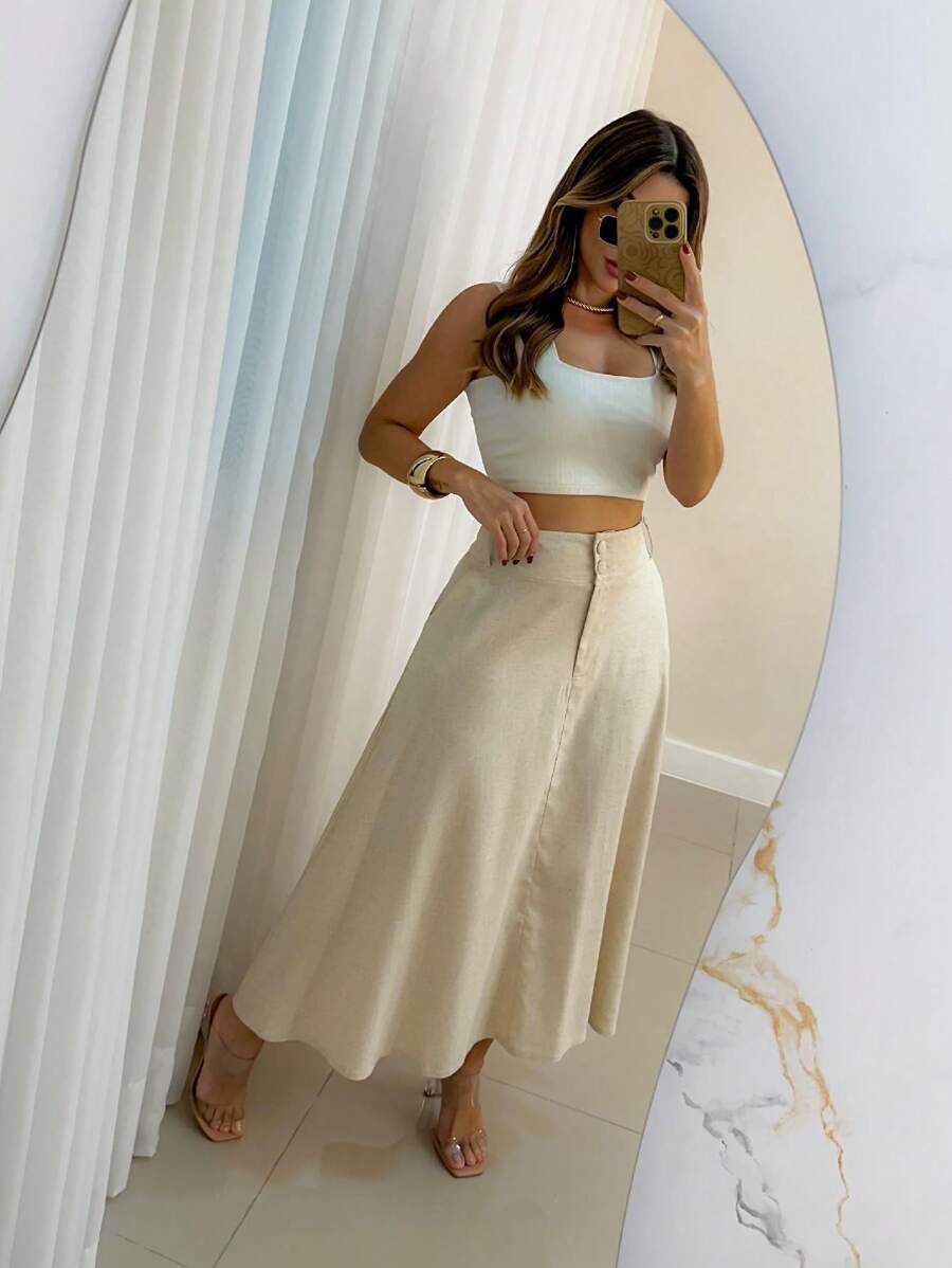 Saia Midi Emili Godê Tricolina Elegante