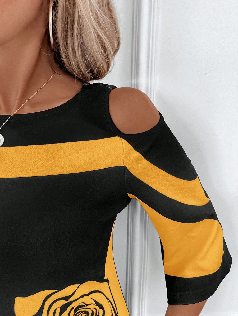 Vestido Laura Elegante Curto Ombros de Fora Floral