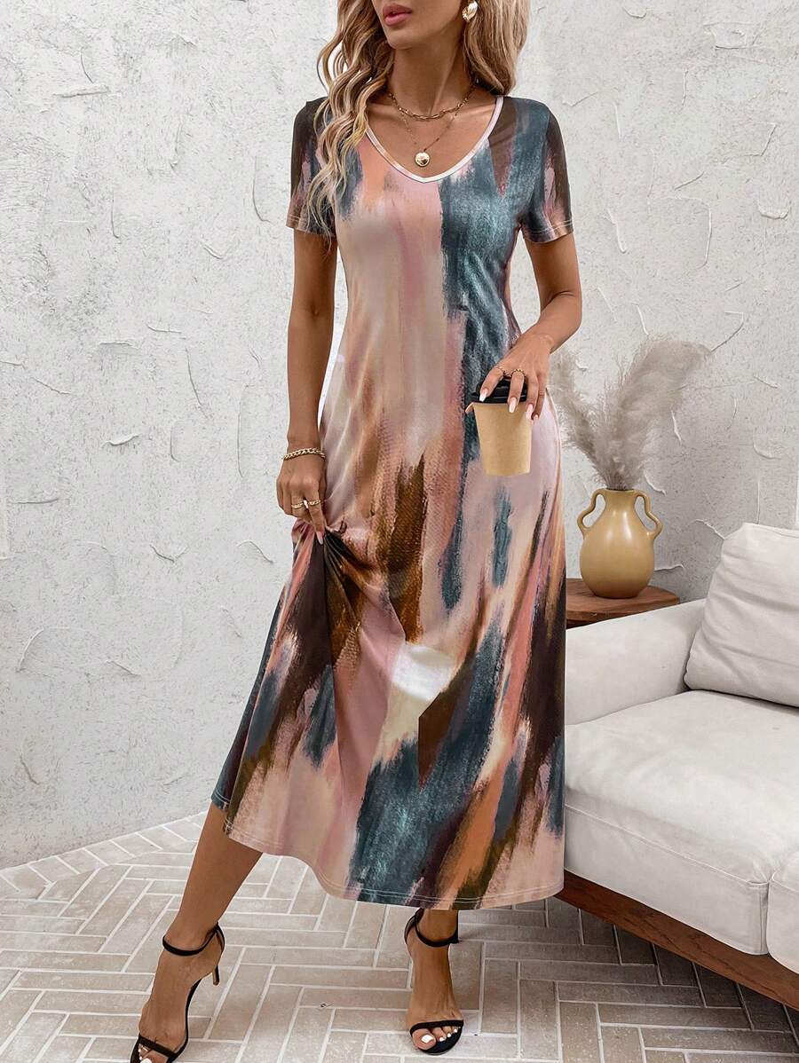 Vestido Laura Casual Midi Decote V Manga Curta