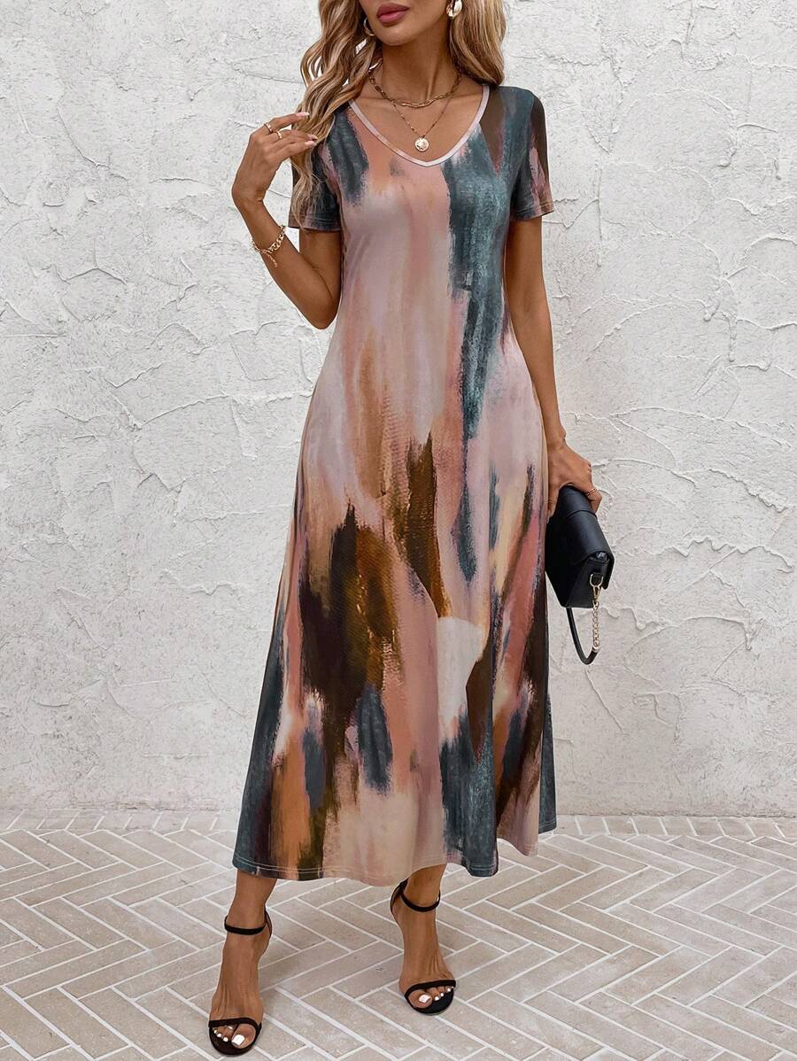 Vestido Laura Casual Midi Decote V Manga Curta