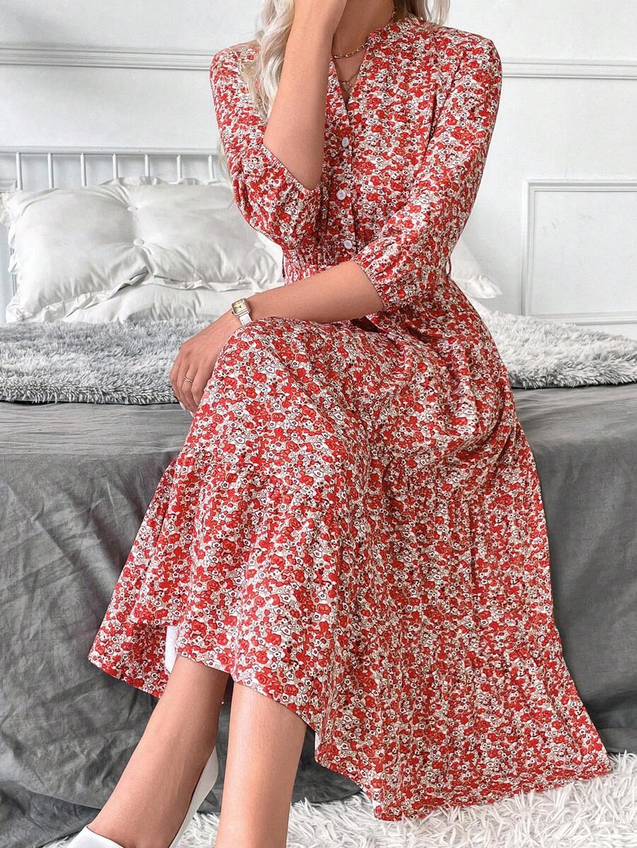 Vestido Amélia Elegante Midi Floral Gola Alta