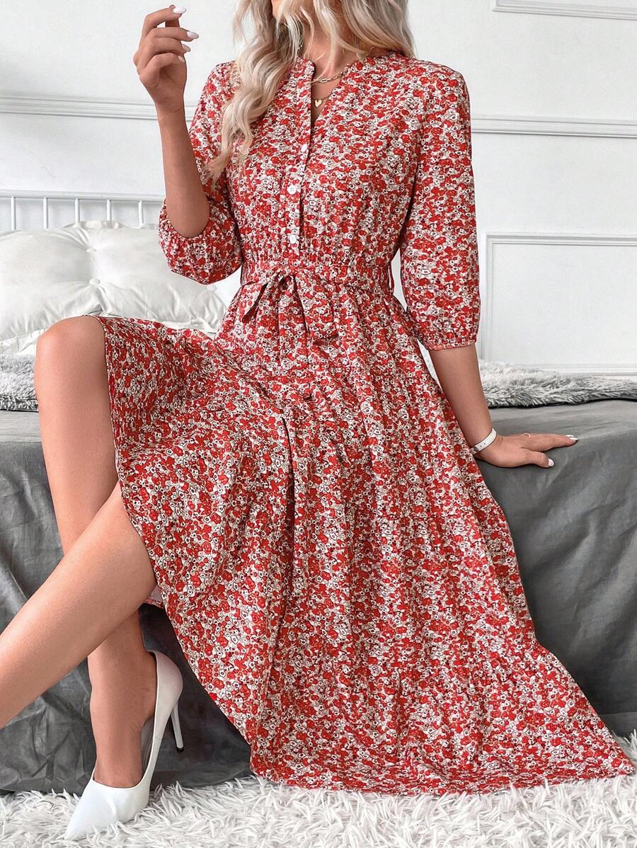 Vestido Amélia Elegante Midi Floral Gola Alta