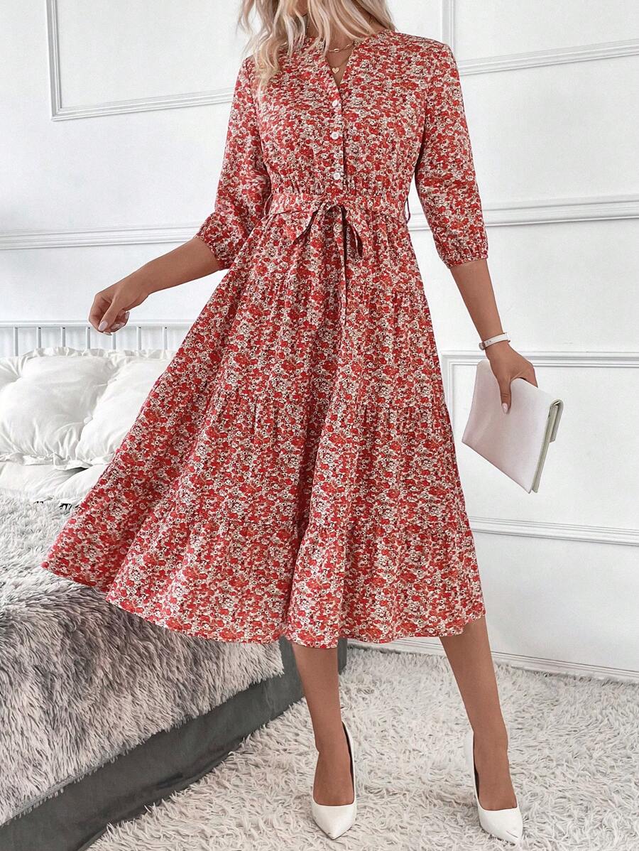 Vestido Amélia Elegante Midi Floral Gola Alta