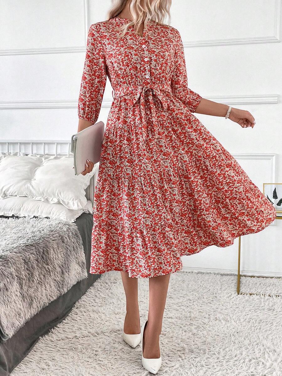 Vestido Amélia Elegante Midi Floral Gola Alta