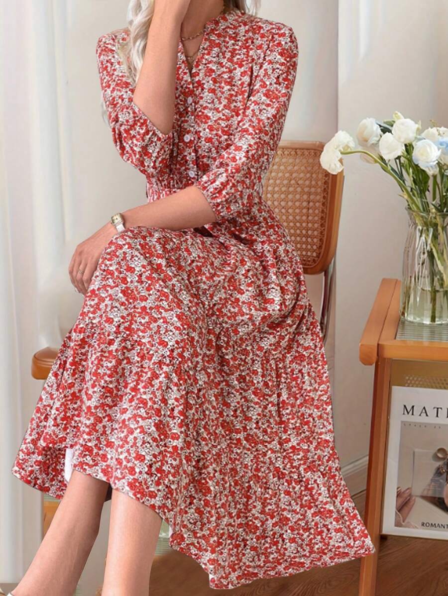 Vestido Amélia Elegante Midi Floral Gola Alta