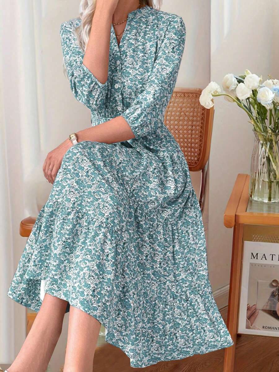 Vestido Amélia Elegante Midi Floral Gola Alta