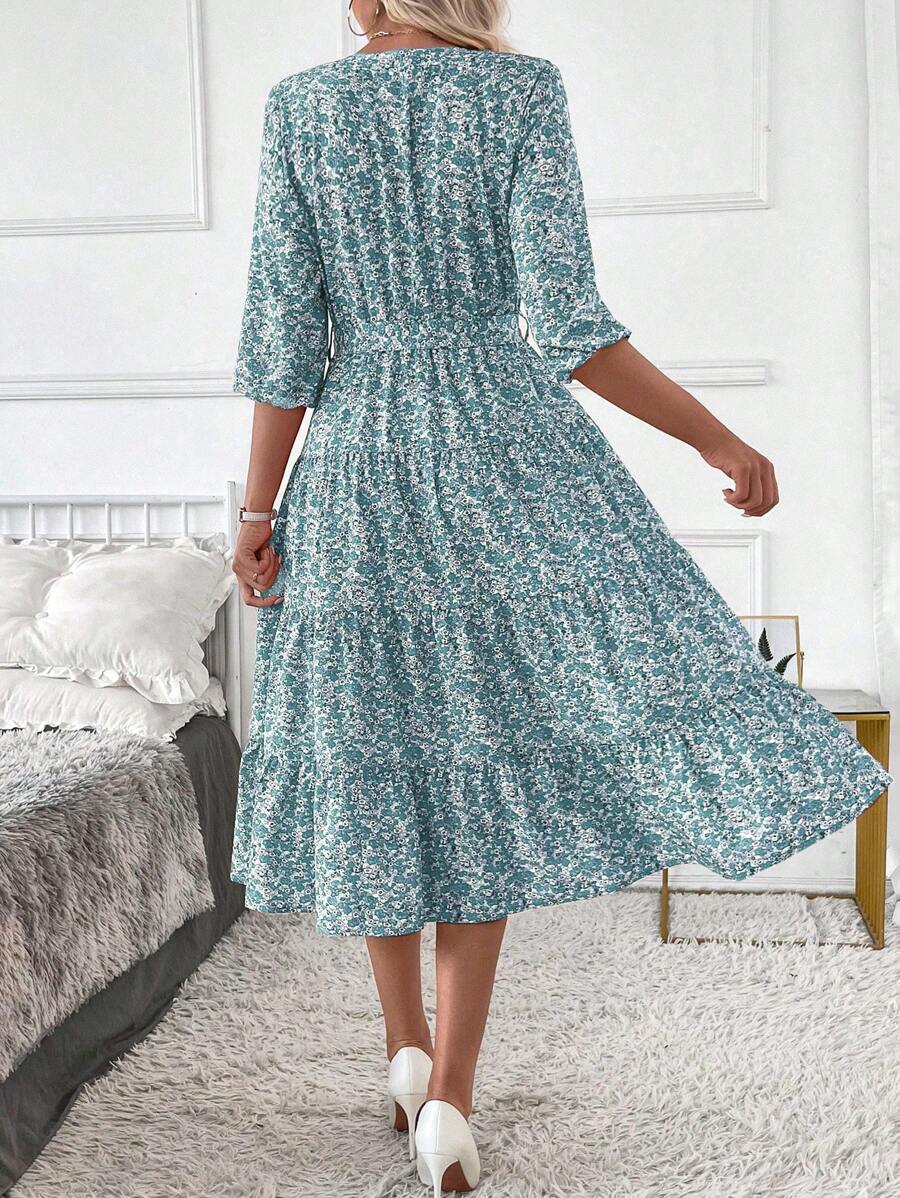 Vestido Amélia Elegante Midi Floral Gola Alta