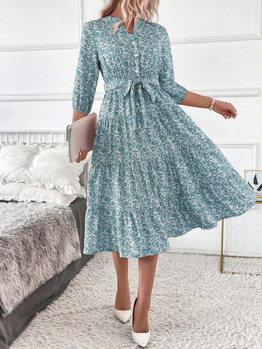 Vestido Amélia Elegante Midi Floral Gola Alta
