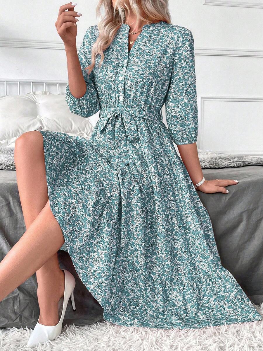 Vestido Amélia Elegante Midi Floral Gola Alta