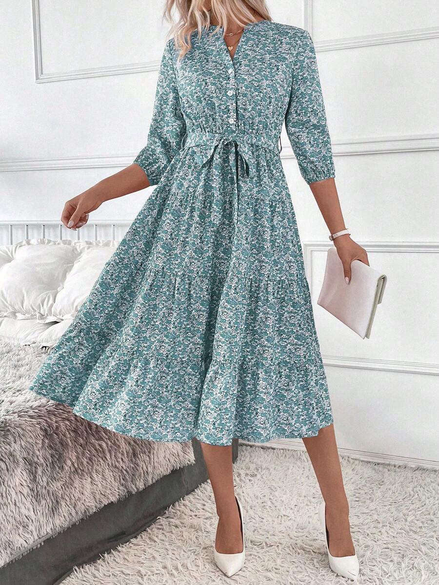 Vestido Amélia Elegante Midi Floral Gola Alta