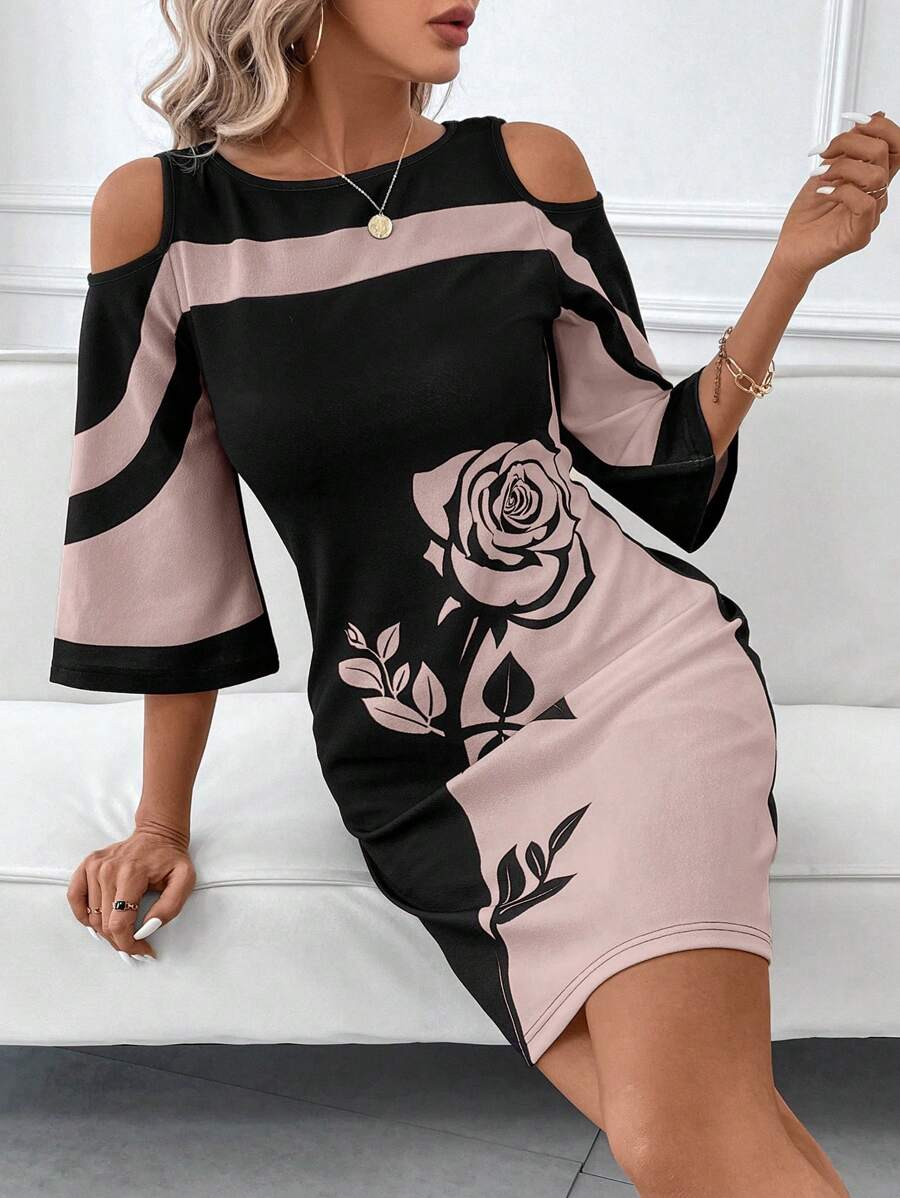 Vestido Laura Elegante Curto Ombros de Fora Floral