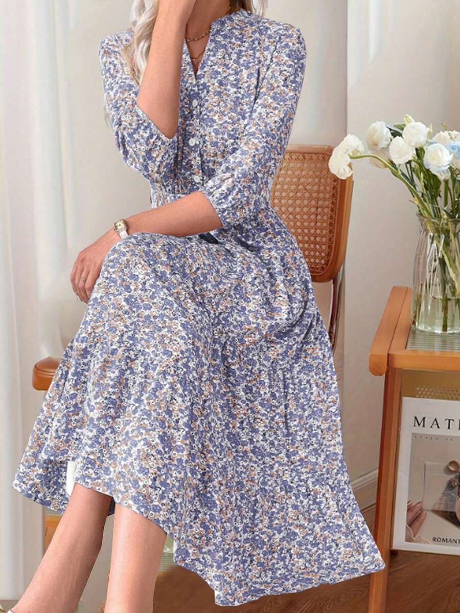 Vestido Amélia Elegante Midi Floral Gola Alta