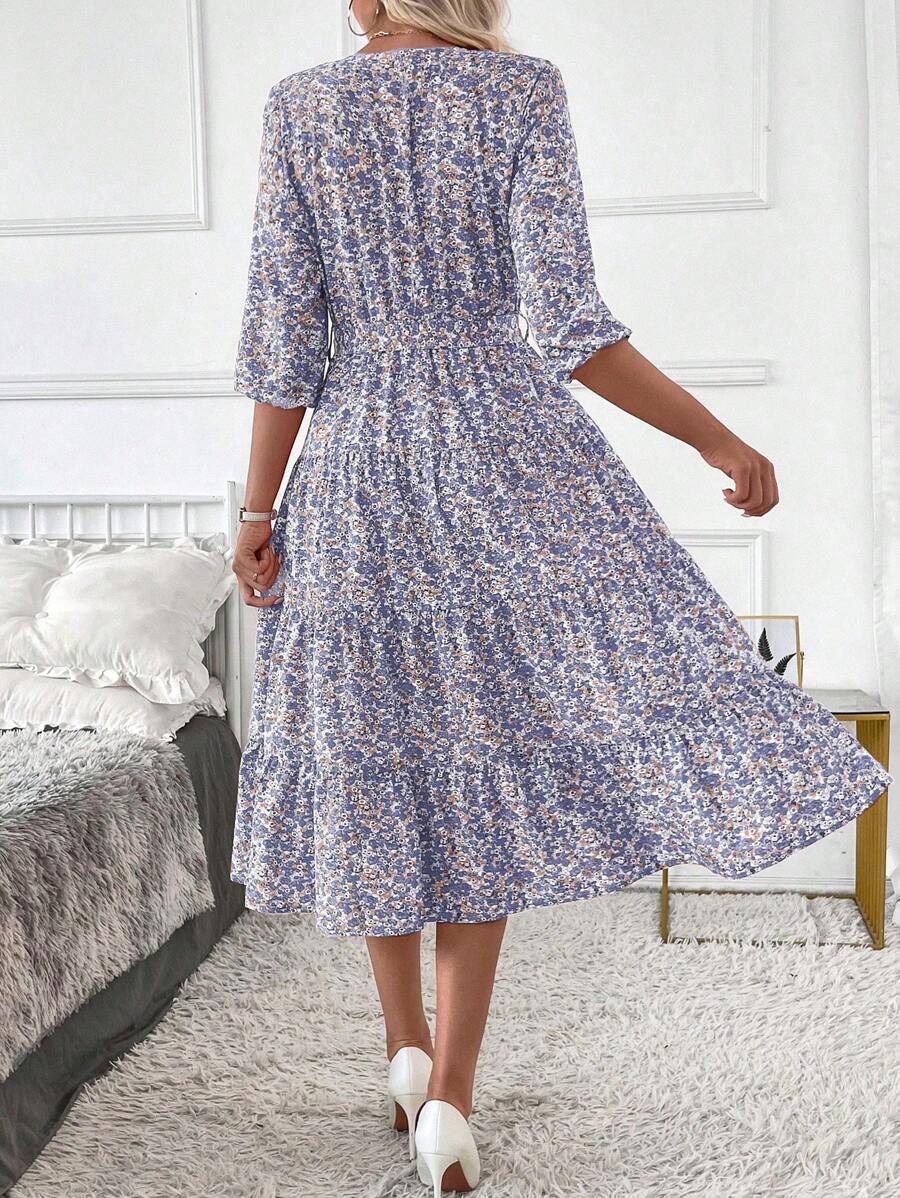 Vestido Amélia Elegante Midi Floral Gola Alta