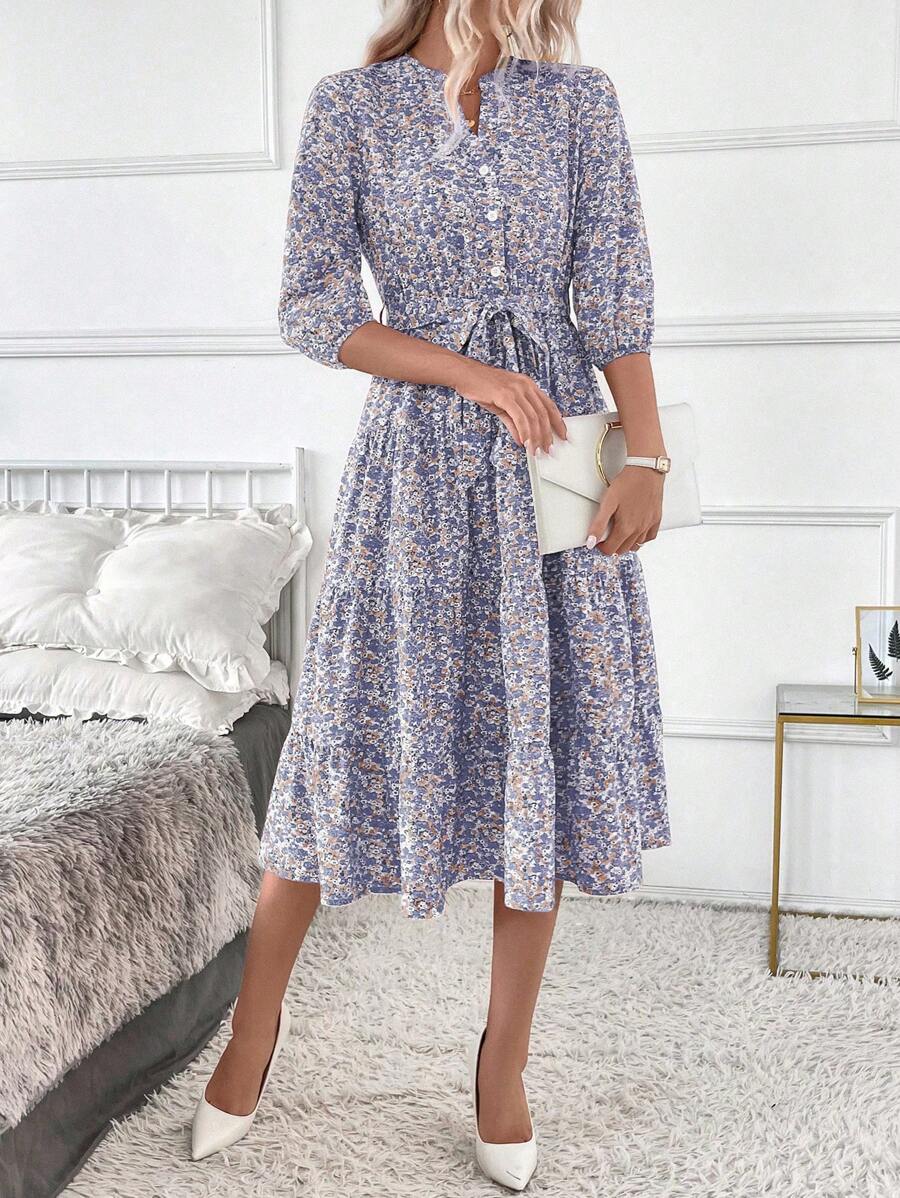 Vestido Amélia Elegante Midi Floral Gola Alta