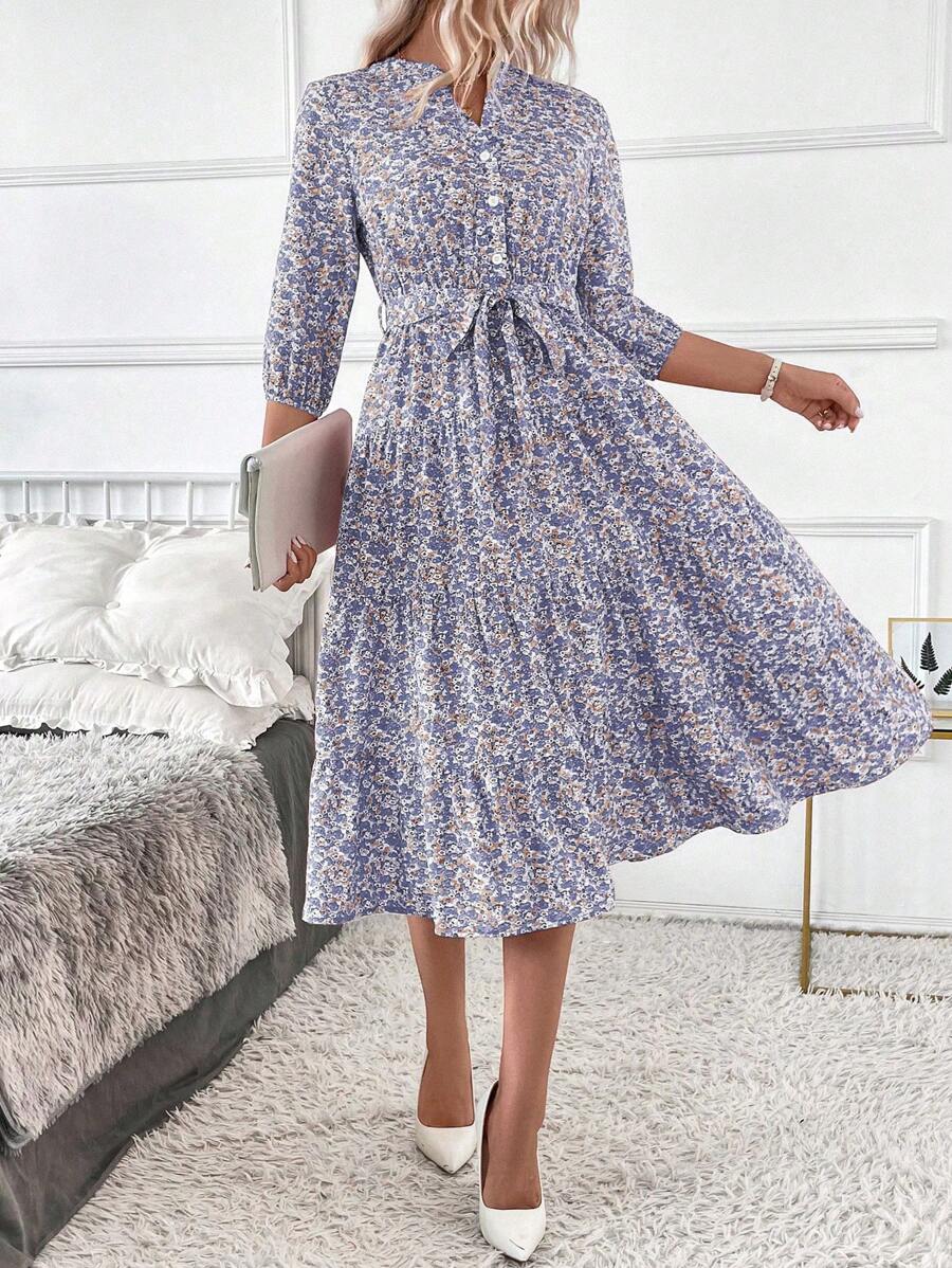 Vestido Amélia Elegante Midi Floral Gola Alta