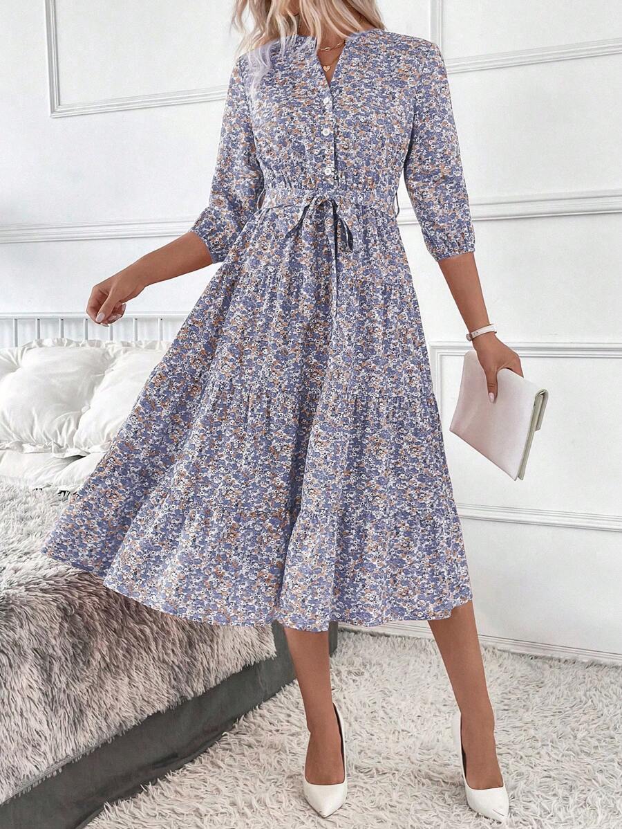 Vestido Amélia Elegante Midi Floral Gola Alta