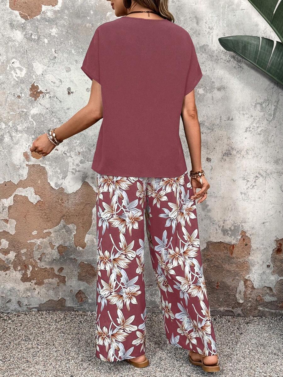 Conjunto Serena Blusa Lisa e Calça Pantalona Floral