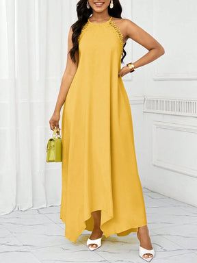Vestido Longo Amarelo com Gola Halter – Elegância e Fluidez do P ao GG