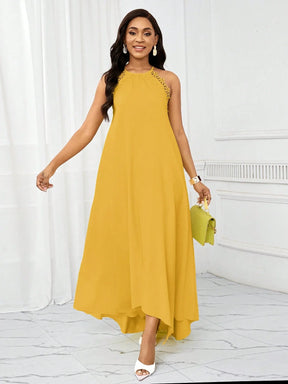 Vestido Longo Amarelo com Gola Halter – Elegância e Fluidez do P ao GG