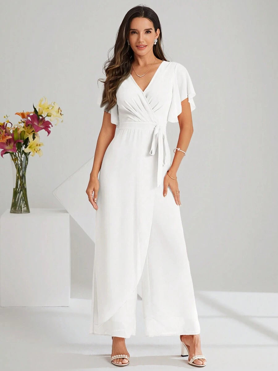 Macacão Aurora Elegante Longo Decote V com Amarração