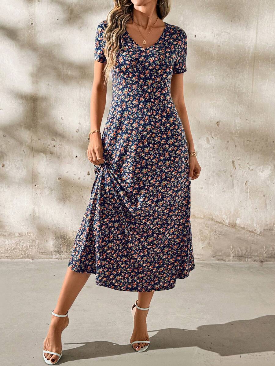 Vestido Laura Casual Midi Decote V Manga Curta